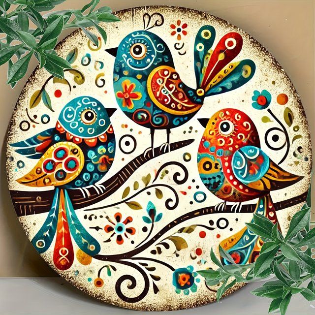 Potdemiel Wandkunst Vogel-Trio aus Metall in Multicolor mit floralen Akzenten, Rundes Eisenschild, Durchmesser: 20,3 cm - Bild 1