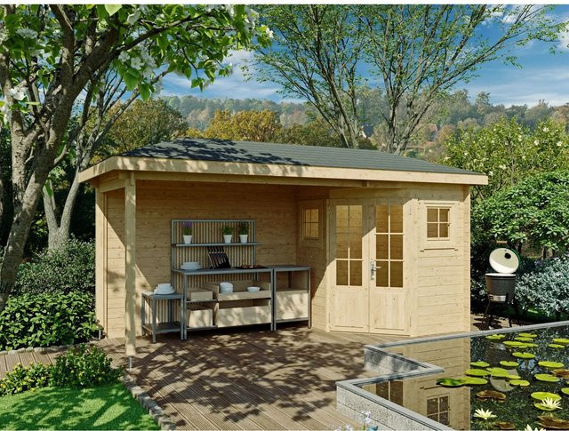 Fjordholz Gartenhaus Modell Evelyn 1C als 5-Eck aus Holz in Farblos/Braun mit Fenstern und Schloss - Bild 1