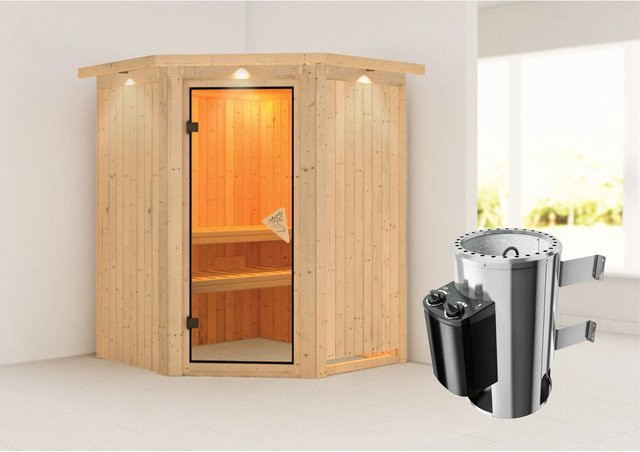 Karibu Sauna mit Ofen und integriertem LED-Dachkranz in Natur/Braun aus Profilholz - Bild 1