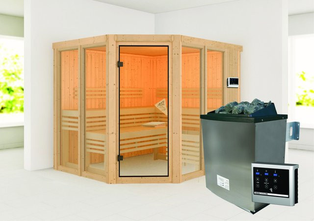 Karibu Sauna Airin 3 aus nordischer Fichte mit 9,0 kW Ofen und externem Steuergerät, Farbe: Beige/Braun, B: 231 cm, T: 198 cm, H: 231 cm - Bild 1