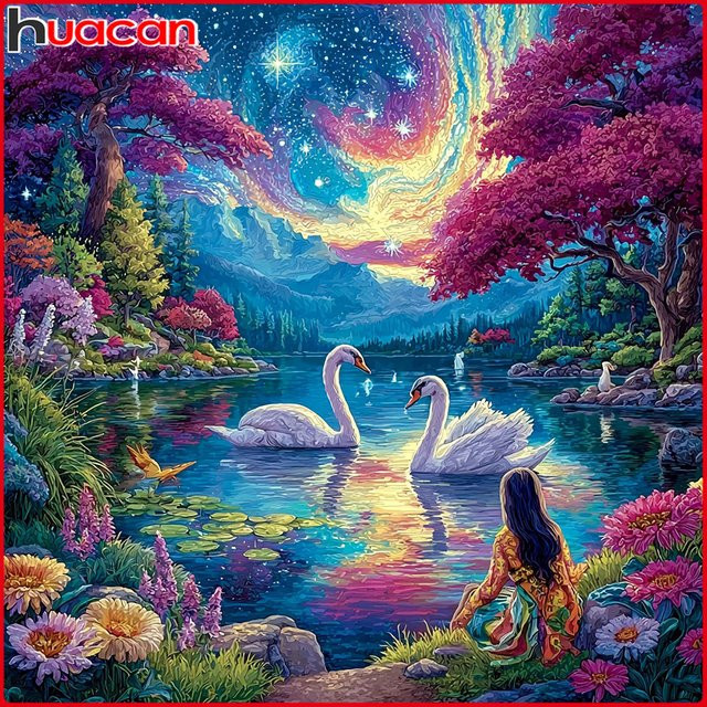 Huacan 5D-Diamantgemälde Schwanensee Landschaft und Tiere als Diamantmosaik Set mit runden Steinen in Multicolour, Breite: 20 cm, Höhe: 20 cm - Bild 1