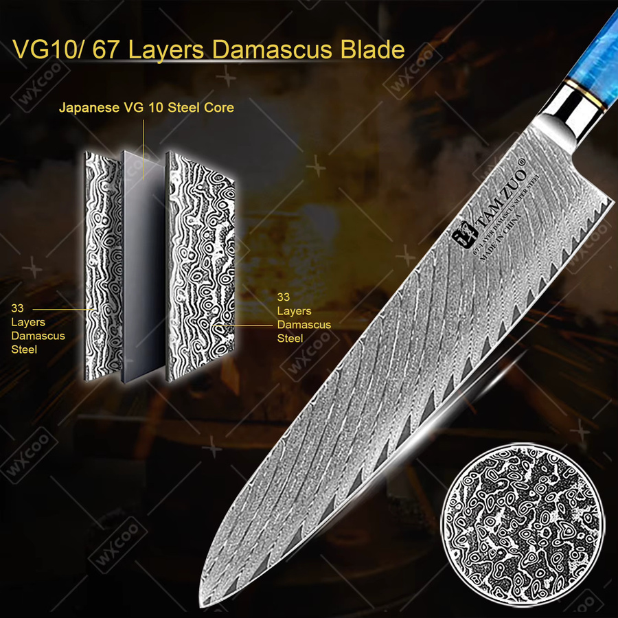 WXCOO Santoku Küchenmesser aus 67-lagigem Damast und VG-10 Stahl in Silber mit Holzgriff und Schutzhülle - Bild 2