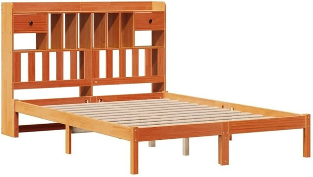 vidaXL Massivholzbett aus Kiefernholz mit Kopfteil und Regal in Braun, B/T/H: 160 x 200 cm - Bild 1