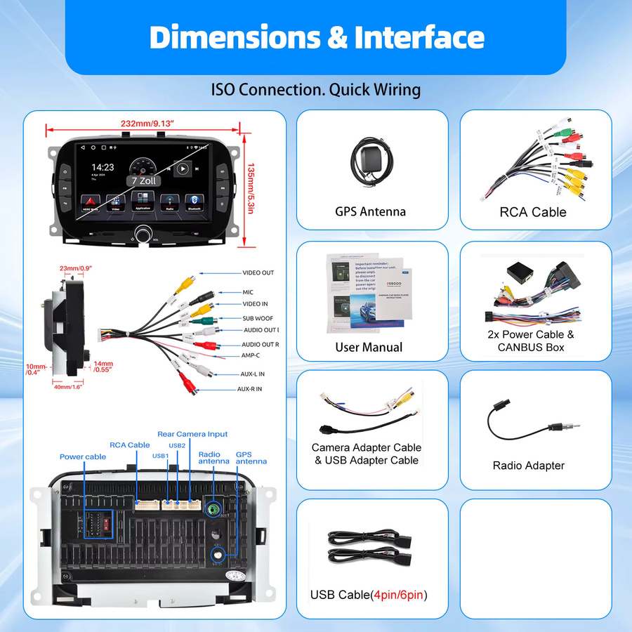 ESSGOO Multimedia-Bildschirm mit Android 15 und 7 Zoll Display für Fiat 500 Abarth 2016-2019, 4+64 GB, Wireless CarPlay, Android Auto, GPS, WiFi und Lenkradsteuerung, Schwarz - Bild 5