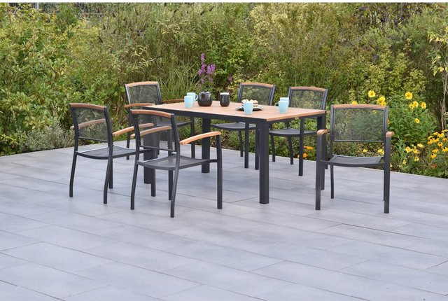 Merxx Gartenmöbelset Tilos 7-teilig aus Aluminium und Holz in Anthrazit und Grau mit Stapelsesseln und Tisch, B/T: 150 x 90 cm - Bild 1