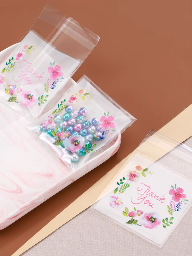 100 Stück Ailimi selbstklebende Plastiktüten mit buntem Blumen-DANKE-Design für Schmuck, Kekse und Geschenke, Mehrfarbig - Bild 2