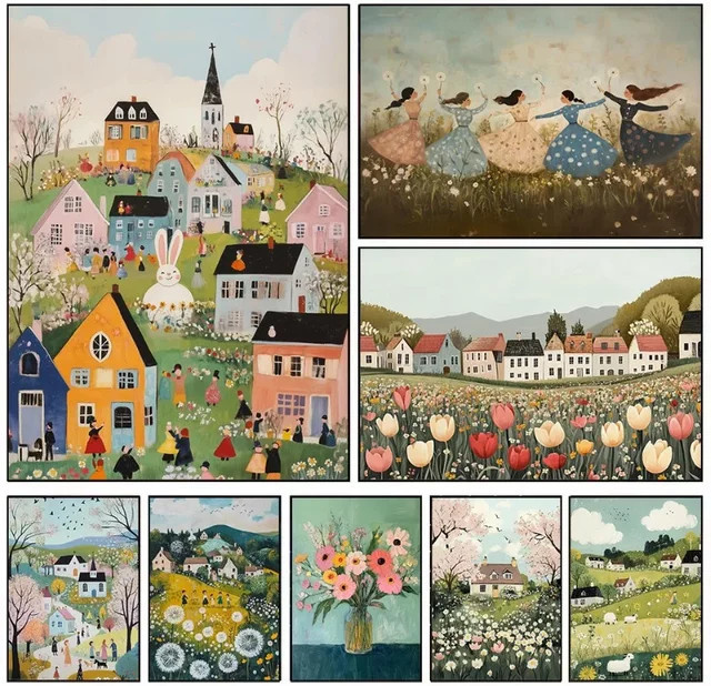Potdemiel Leinwanddruck Vintage Frühlingsdorf mit Osterhase und ländlicher Landschaft in Mehrfarbig - Bild 1