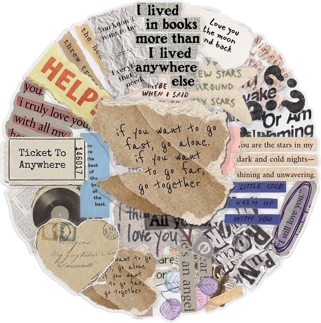 50 Stück Vintage Literarische Collage Aufkleber, Wasserdichte Ästhetische Text Doodle Sticker für DIY Notebook und Telefon, Mehrfarbig - Bild 1