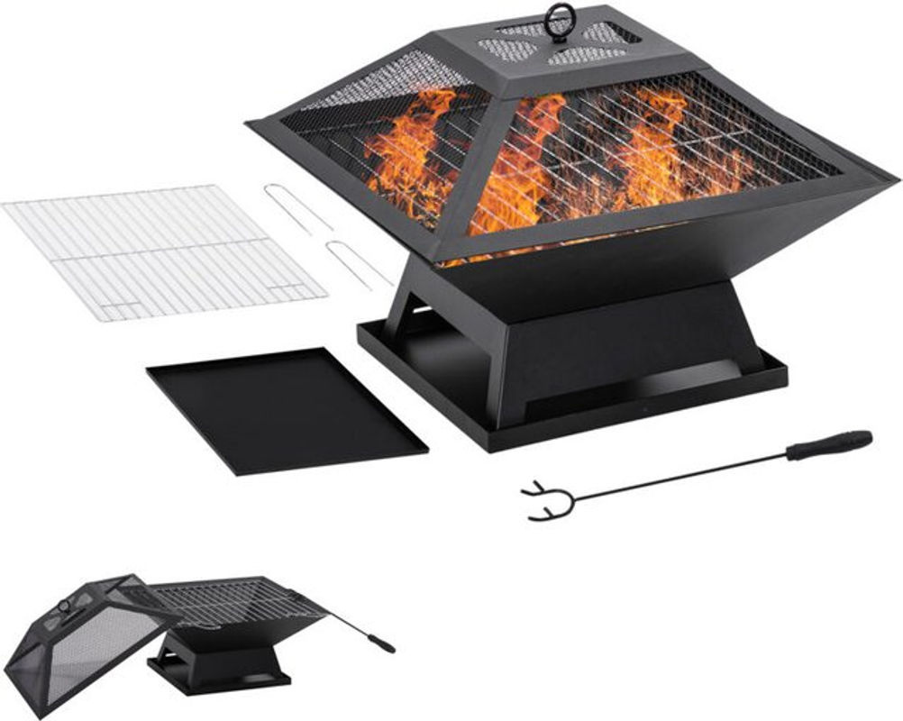 Outsunny Feuerschale Garten Feuerkorb mit Grillrost und Funkenschutz in Schwarz, B/T/H: 45 x 45 x 34 cm, inklusive Schürhaken - Bild 3