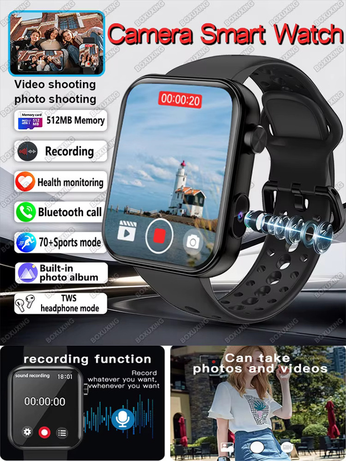 BOXUXING Kamera-Smartwatch für Damen und Herren mit Foto- und Videoaufnahme, Bluetooth, Gesundheitsüberwachung und wasserdichtem Design in Schwarz oder Pink - Bild 7