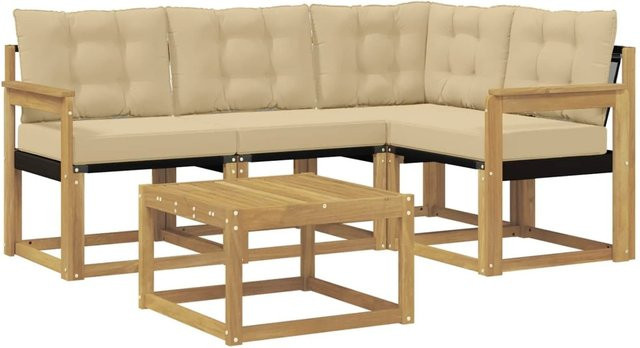 vidaXL Outdoor-Sofagarnitur aus Akazienholz in L-Form mit Kissen und Couchtisch, Weiß und Beige - Bild 1