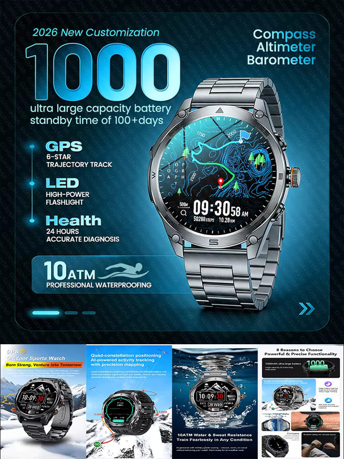 GUHUAVMI Smartwatch, GPS, Bluetooth, Edelstahl, Schwarz, Herren - Bild 6