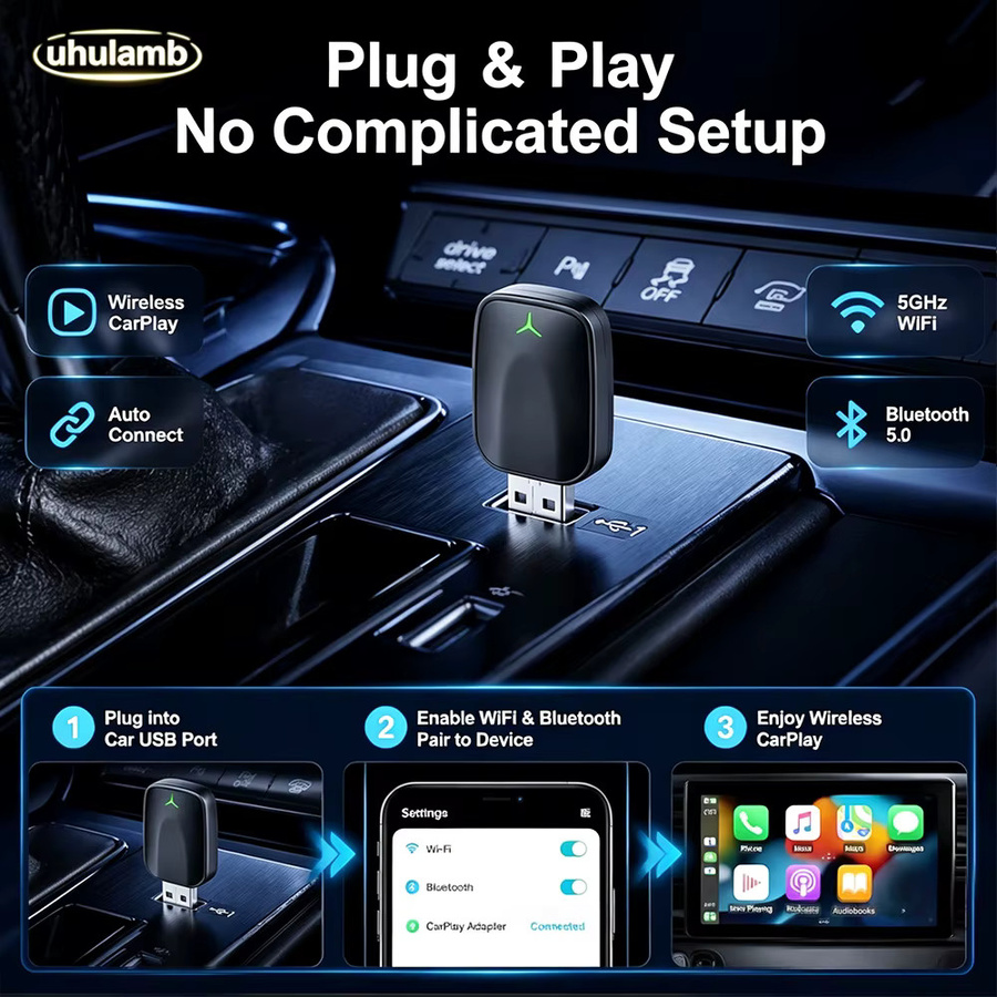 uhulamb Wireless CarPlay und Android Auto Adapter in Schwarz für Toyota und Volvo zur Umwandlung von kabelgebundenem Android Auto auf kabellose Verbindung via USB - Bild 2