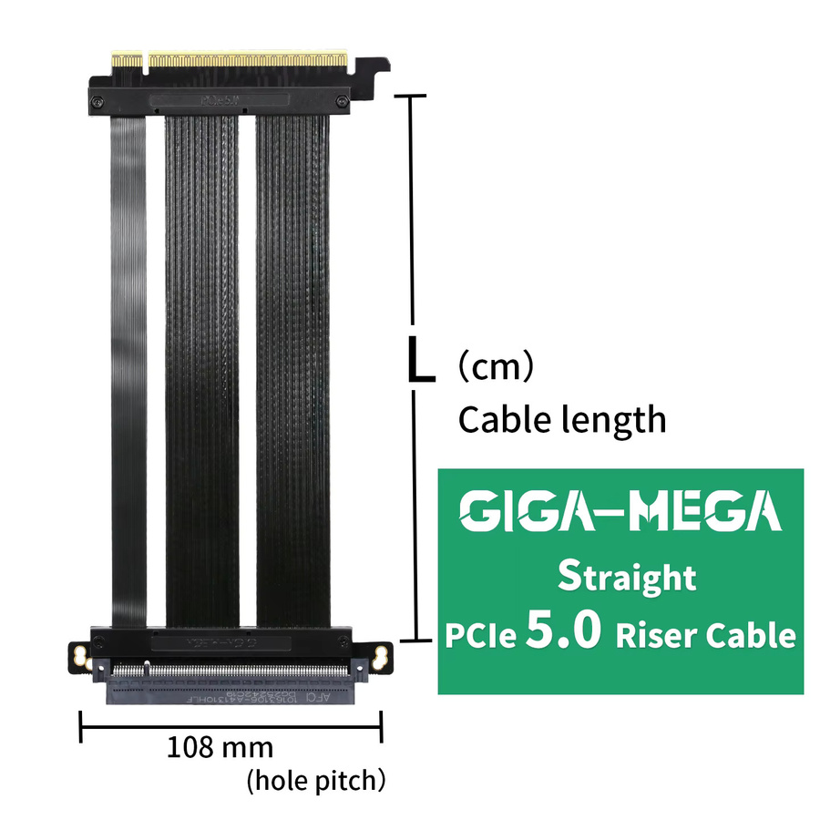 GIGA-MEGA PCIe 5.0 Riser-Kabel, Gerade, Schwarz, PCIe 5.0 x16 mit 64GB/s Geschwindigkeit, kompatibel mit RTX5090/RX9070 und PCIe 4.0 - Bild 2