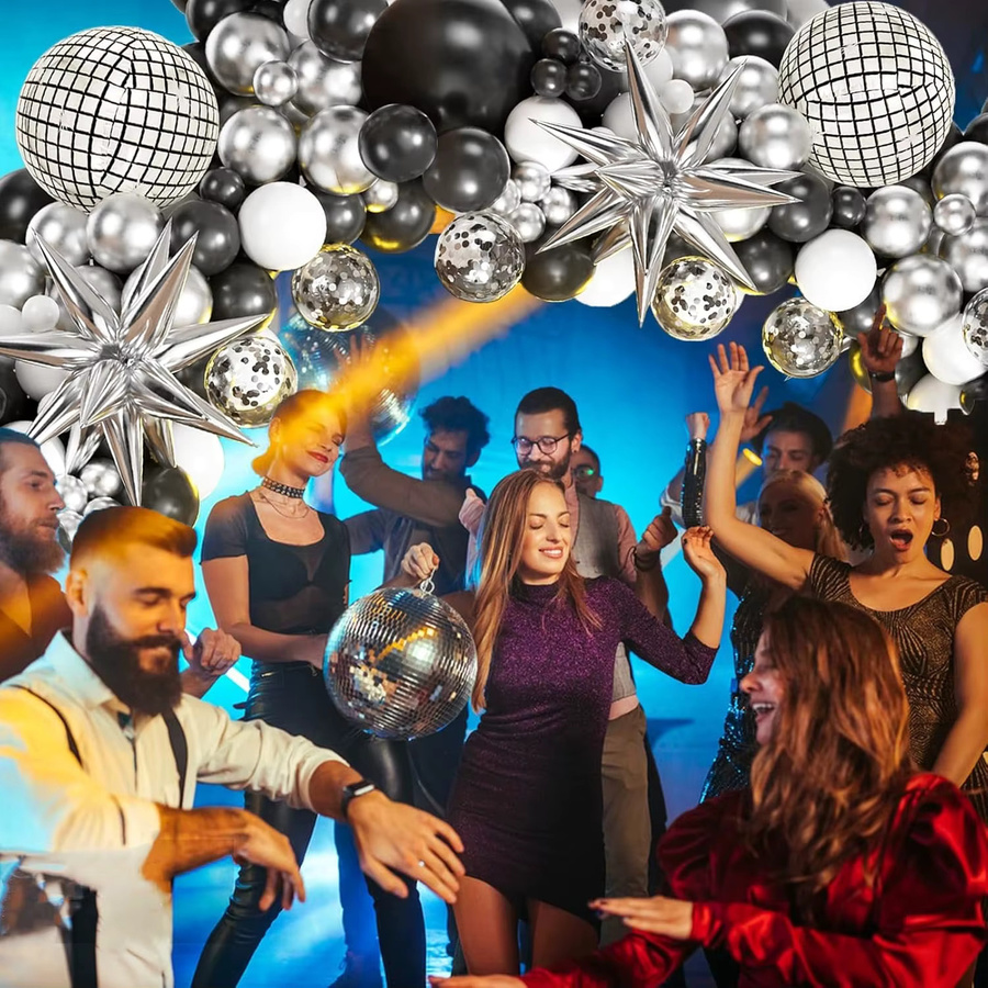 YAYB Ballongirlande Set mit Discokugeln in Silber, Schwarz und Weiß für deine Geburtstagsparty oder Silvesterfeier, 135 Stück - Bild 2