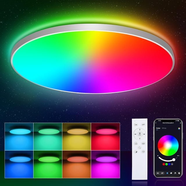 Oeegoo Smart LED-Deckenleuchte mit 24 W, dimmbar, RGB-Farbwechsel, Fernbedienung und App-Steuerung, weiß - Bild 1