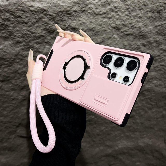Armor Magnetic Bracket Case für Samsung Galaxy S25 S24 S23 S22 S21 Ultra Plus mit Lanyard und Kamera-Schutz in Pink - Bild 1