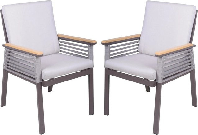 DELUKE Gartenstuhl 2er Set JASPER aus Aluminium mit Olefin Seilbespannung in Hellgrau, wetterfeste Outdoor Essstühle mit Armlehnen - Bild 1