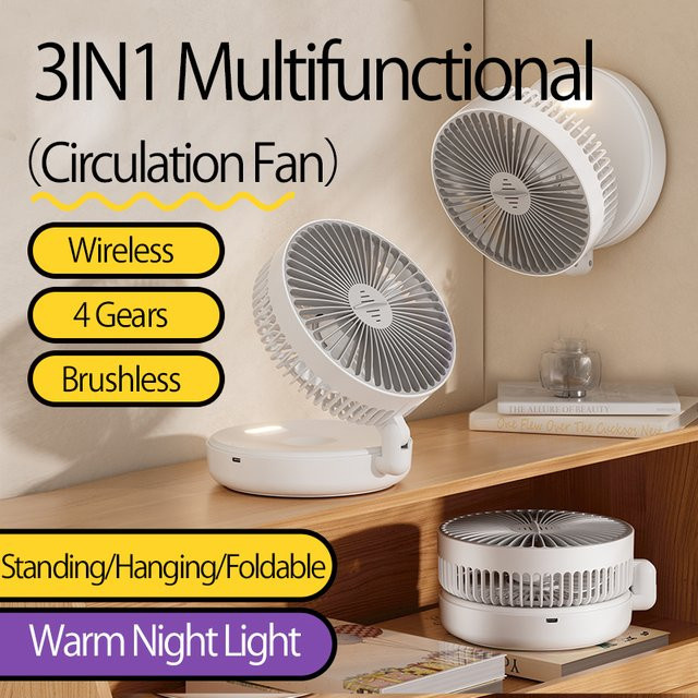 HAOYUNMA Tragbarer Ventilator Grau mit 4 Stufen, Wiederaufladbar, Faltbar als Tisch- oder Wandventilator mit Warmem Nachtlicht - Bild 1