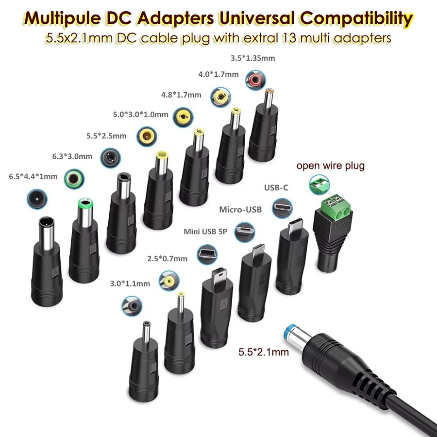 Universelles USB-C-Ladekabel mit 5,5 x 2,1 mm DC-Buchse und 13 DC-Steckeradaptern, 1,5 m Länge, Schwarz - Bild 3