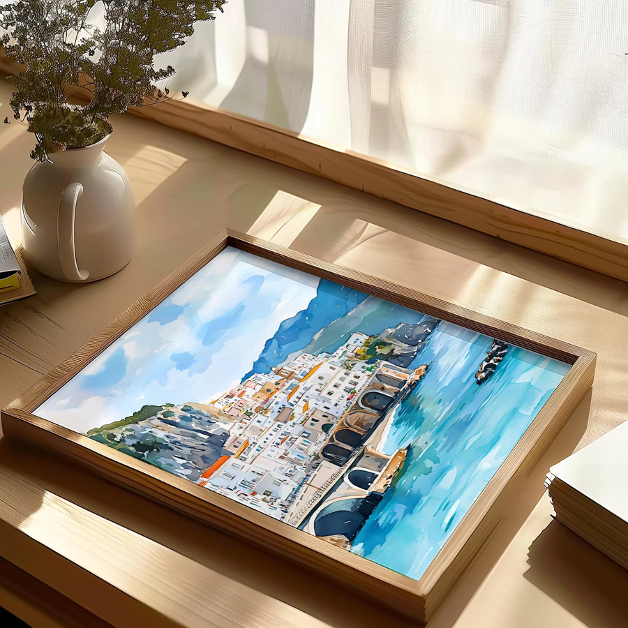 Aquarell Kunstdruck Amalfi Küste Italien als mediterrane Küstenlandschaft Wanddekoration in Mehrfarbig - Bild 4