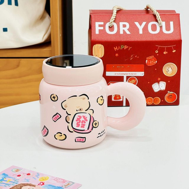 Yiran Furniture Keramiktasse mit Cartoon-Katze Motiv in Pink, 350 ml - Bild 1