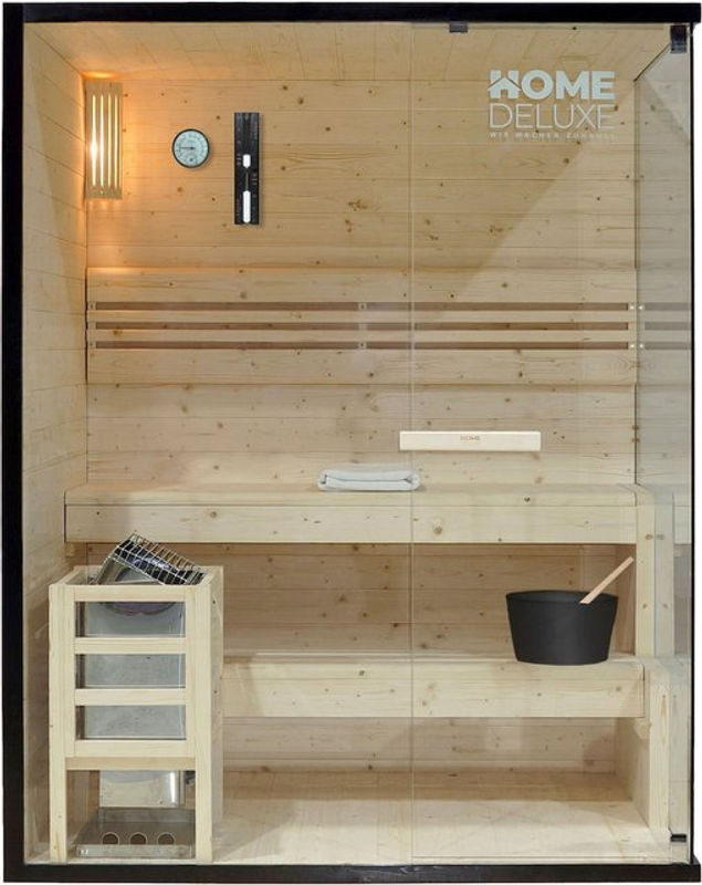 Home Deluxe Traditionelle Ecksauna SHADOW L aus Massivholz für 3 Personen, B/T/H: 150 x 120 x 190 cm, Natur/Schwarz - Bild 1