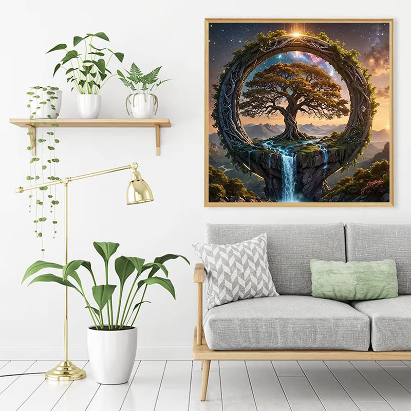 HUACAN Diamant-Mosaik Set 5D Baum des Lebens Landschaft in Mehrfarbig, Wandmontiert, Quadratisch, 40 x 40 cm - Bild 4