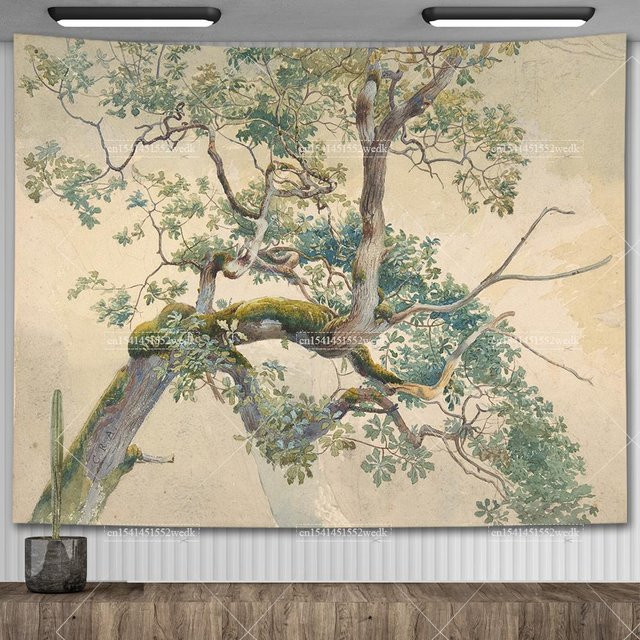 Vintage Baum Tapisserie mit botanischem Aquarell-Gemälde in Mehrfarben zur ästhetischen Schlafzimmer-Dekoration - Bild 1