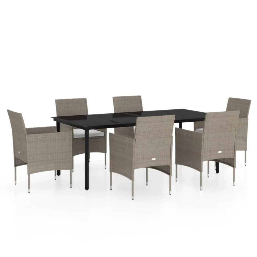 vidaXL 7-teilige Garten-Essgruppe aus PE-Rattan und pulverbeschichtetem Stahl mit Glasplatte und Kissen in Beige und Schwarz - Bild 2