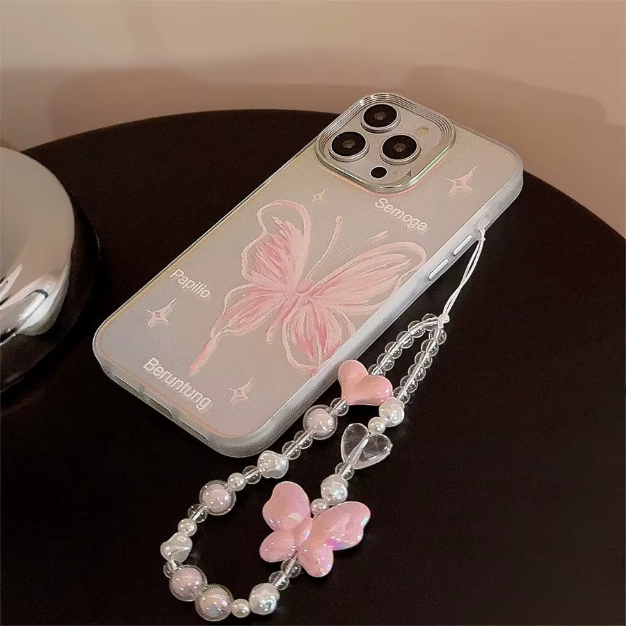 MUQGEW Laser-Handyhülle mit rosa Schmetterlingsmuster für iPhone 12 bis 17 Pro Max inklusive Armbandkette und stoßfester Hartschale - Bild 4