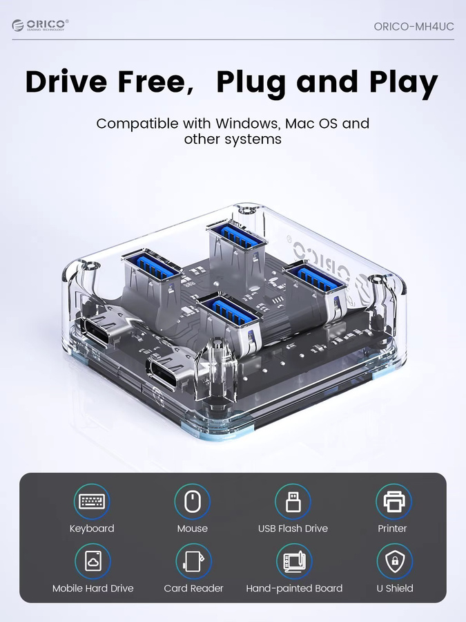 ORICO USB-C 4-Port USB 3.0 Hub mit 5 Gbit/s und Netzteil, transparenter USB-C Adapter und Dockingstation für PC und Laptop - Bild 5