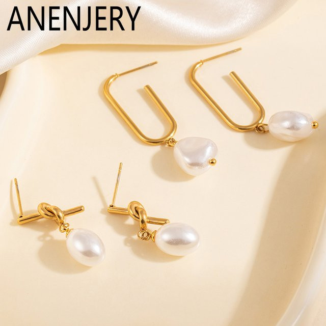 ANENJERY Ohrringe, Edelstahl, Perle, Gold, Damen - Bild 1