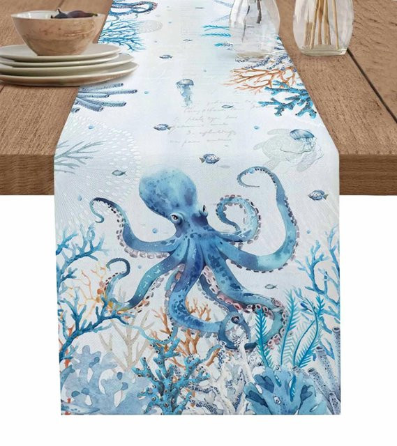 JMG Household Supplies Leinen Tischläufer Sommer Ozean mit Koralle Schildkröte und Oktopus, Blau, B: 150 cm, T: 33 cm - Bild 1