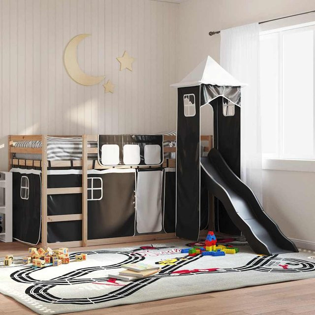 vidaXL Etagenbett für Kinder aus Kiefernholz mit Rutsche und Vorhängen in Weiß, Schwarz und Anthrazit, B/T/H: 80-90 x 190/200 cm - Bild 2