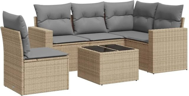 vidaXL 6-teilige Garten-Sofagarnitur aus Poly-Rattan mit Kissen in Beige-grau - Bild 1