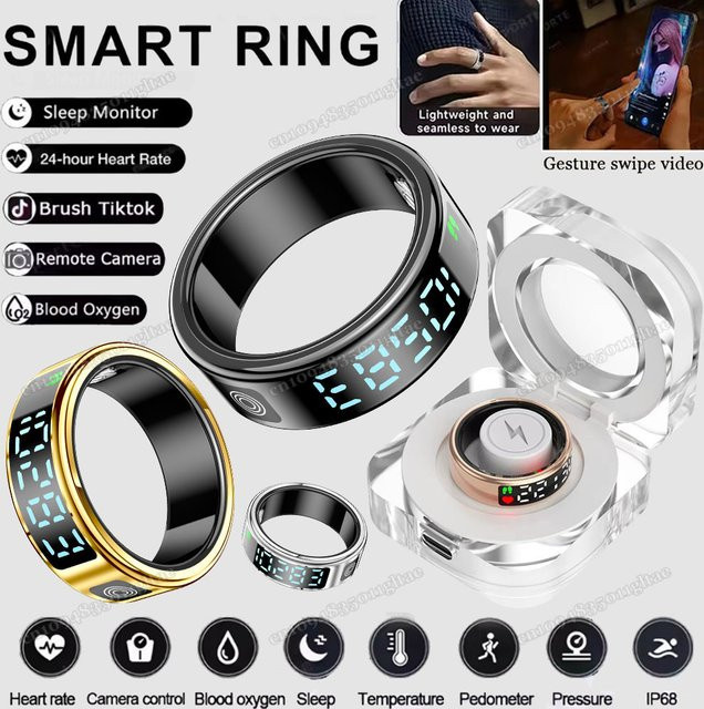Ola Esporte SR08 Smart Ring mit Ladebox, Schwarz, Unisex, LED-Anzeigebildschirm, Gestensteuerung, Gesundheitsmonitor, 5ATM Wasserdicht - Bild 1
