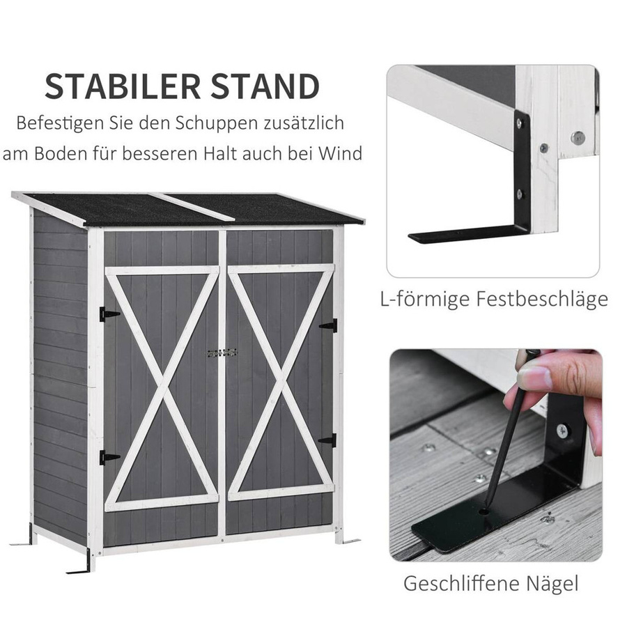 Outsunny Gartenschrank aus Tannenholz mit 2 Türen und Asphaltdach in Grau und Weiß, B/T/H: 139 x 75 x 160 cm - Bild 4
