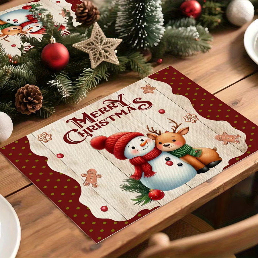 JIT Weihnachts-Tischläufer aus Leinen mit Schneemann- und Hirsch-Motiv, rechteckig, mehrfarbig - Bild 2