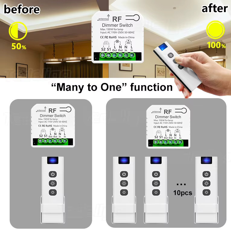 Tedeligo LED-Dimmerschalter 433 MHz 220 V in Weiß mit 2-Wege-Steuerung und Drucktastenschalter für 10–150 W LED und Halogen - Bild 4