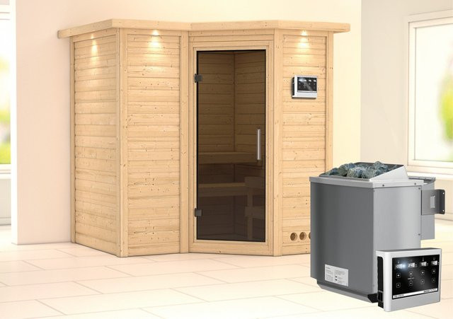 Karibu Massivholzsauna SAHIB 1 in Graphit mit 9,0 kW BioKombiofen, Steuergerät, Dachkranz und Ganzglastür, B/T/H: 193 x 184 x 200 cm - Bild 1