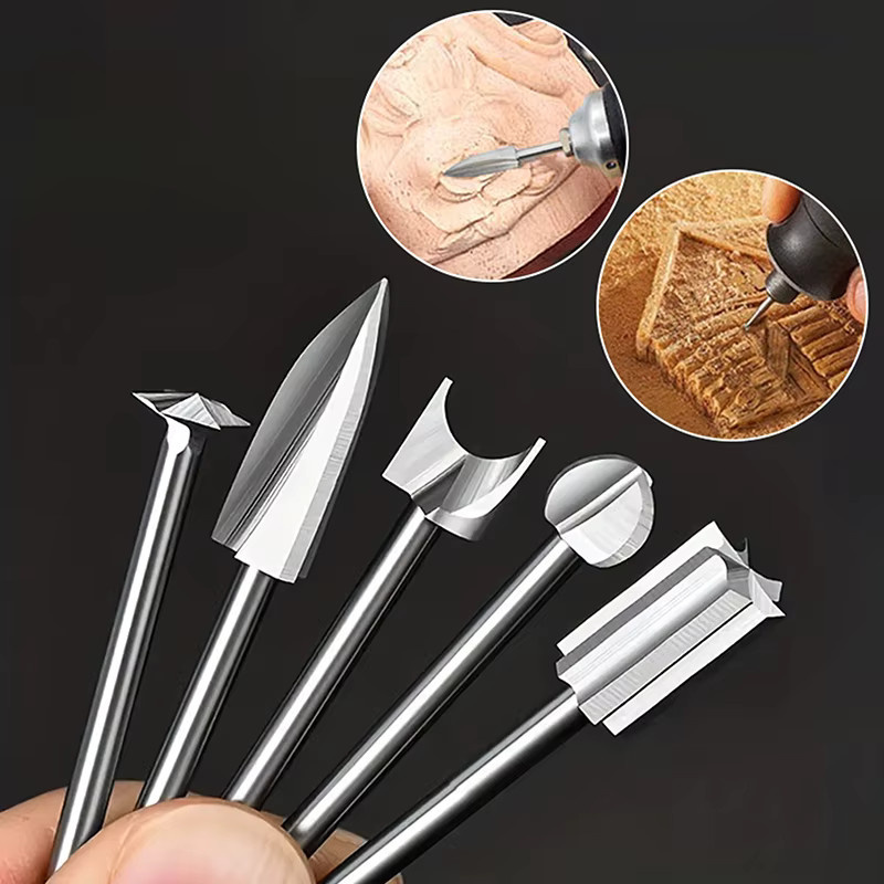 HUXUAN 5/6-teiliges Holzschnitz-Bohrer-Set in Silber mit 3mm Schaft für Dremel Rotationswerkzeuge, Gravur- und Fräsbit für Holzbearbeitung und Handwerk - Bild 2