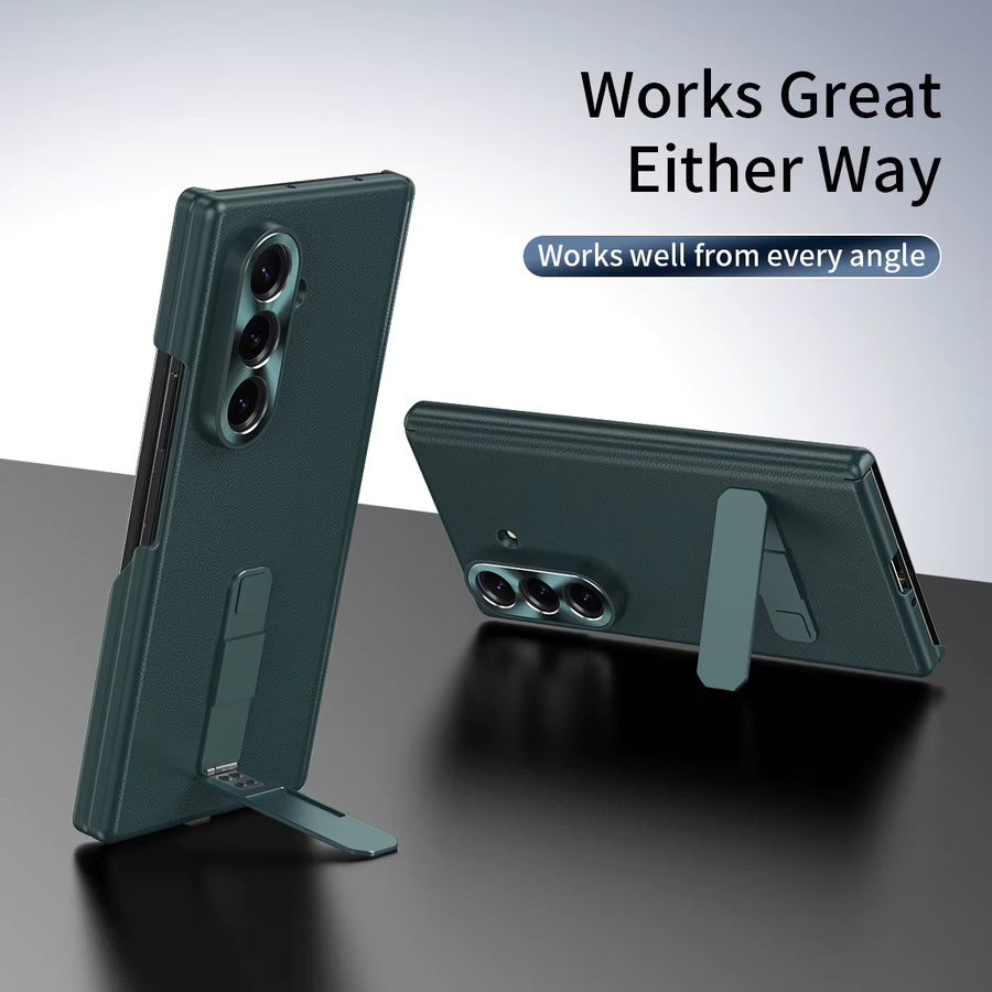 Stoßfeste Leder-Handyhülle mit Halterung für Samsung Galaxy Z Fold 7, 6, 5 und 4 5G in Grau oder Grün - Bild 2