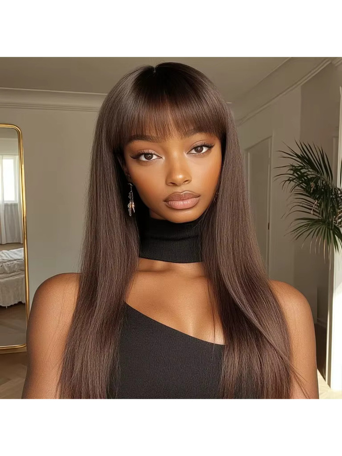 Braune lange gerade Echthaar-Perücke mit Pony, 100 % Remy-Haar, Damen - Bild 3