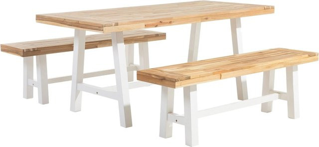 Beliani Gartentisch Set SCANIA aus Akazienholz in Heller Holzfarbe und Weiss, B/T/H: 170 x 80 x 74 cm - Bild 1
