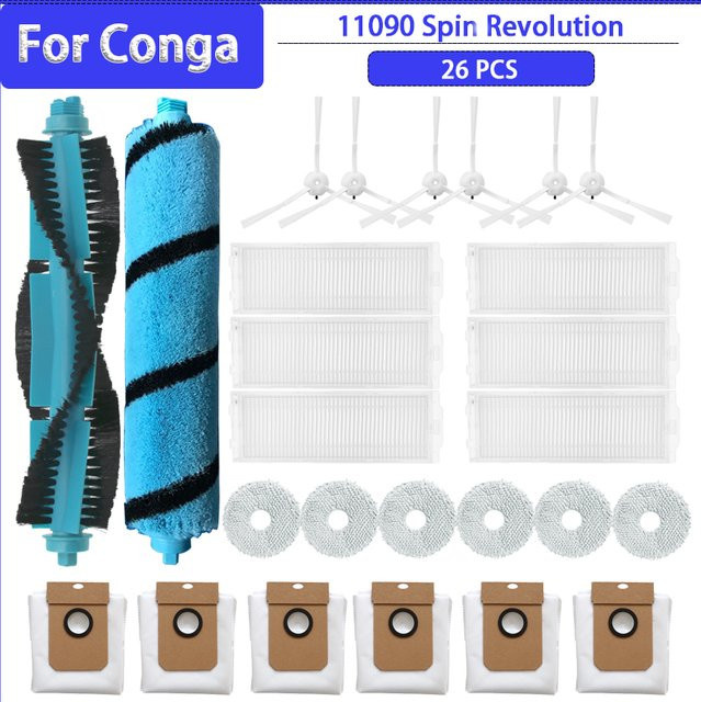 OSSIEAO Ersatzteil-Set für Cecotec Conga 11090 Spin Revolution mit Hauptseitenbürste, Mopp, Hepa-Filter und Staubbeutel in Schwarz - Bild 1