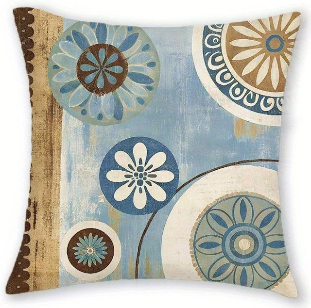 JMG Clothing Kissenbezüge Retro Floral Geometrisch in Blau und Braun, B/B: 50 x 50 cm - Bild 1