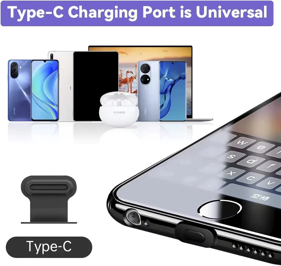 6-teiliges Silikon Anti-Staub-Set für USB Typ-C Anschlüsse in Schwarz zum Schutz vor Schmutz für Apple iPhone und Samsung S22 S21 Ultra - Bild 5