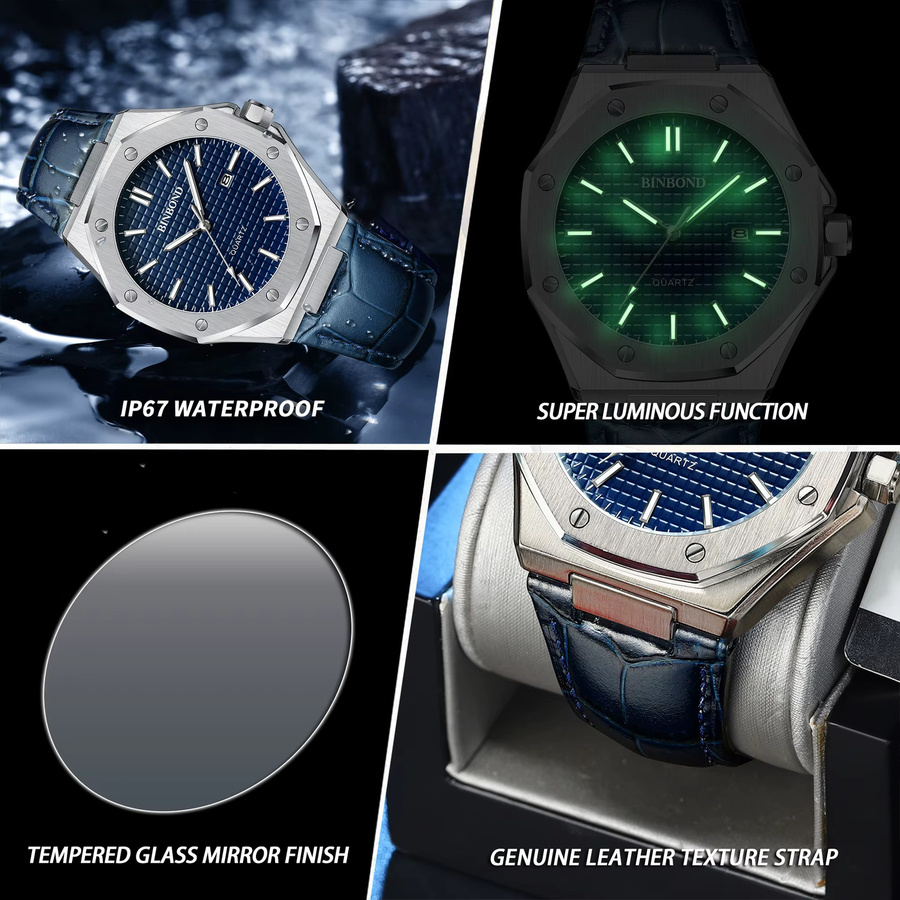 BINBOND Armbanduhr Quarz, Edelstahl, Leder, Blau, Herren - Bild 6