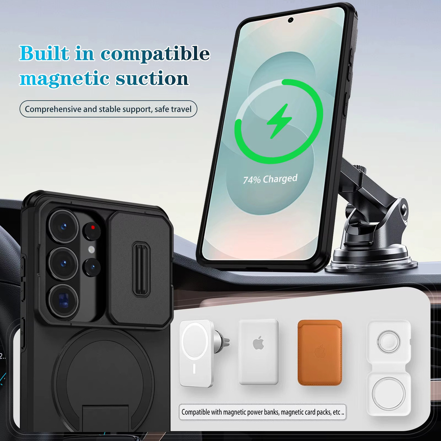 Huikai Stoßfeste Handyhülle für Samsung Galaxy S26 Ultra mit Ständer, Schiebe-Kameraabdeckung und MagSafe-Kompatibilität, Schwarz - Bild 5